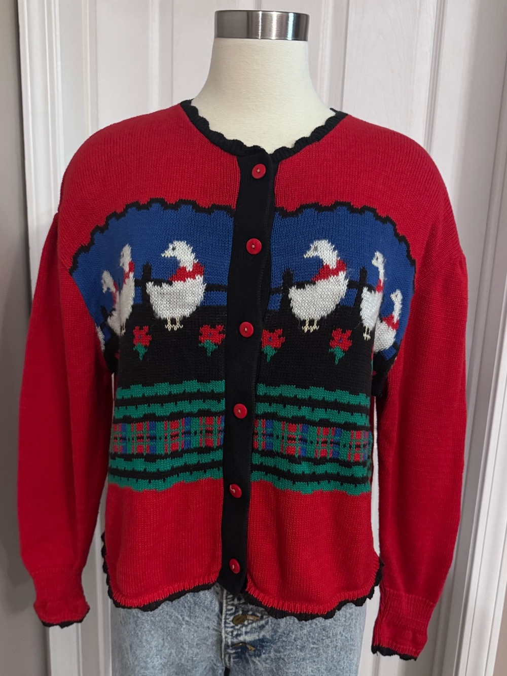 Vintage Goose Cardigan Sweater 90s Novelty Knit Heartstrings M